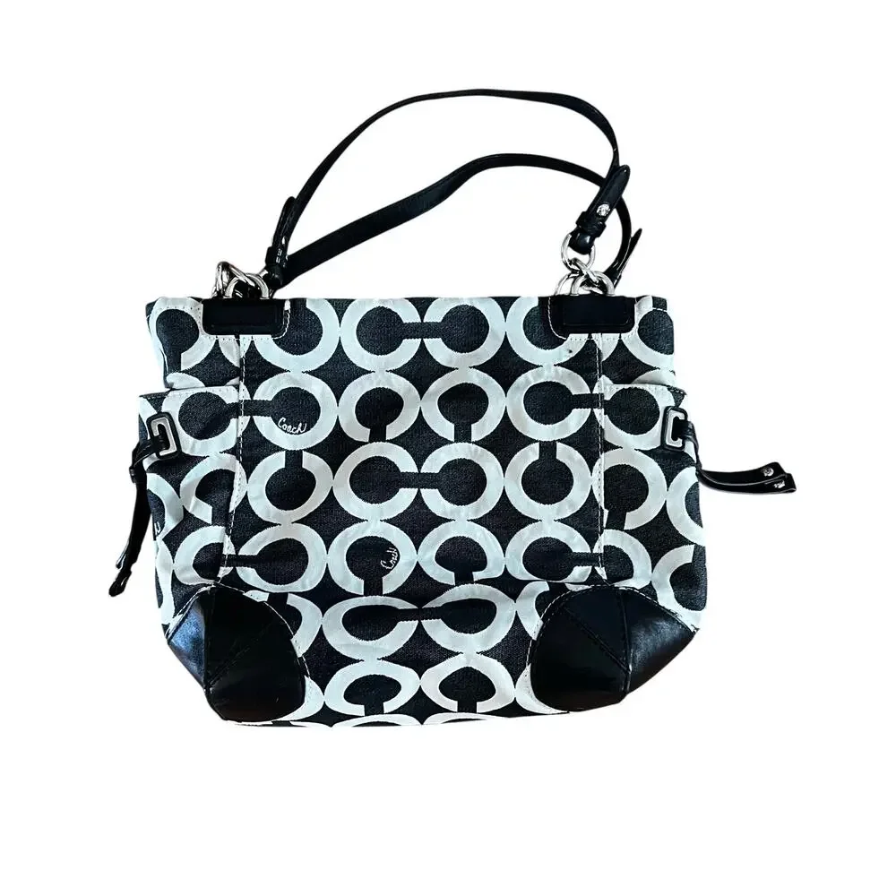 COACH Peyton Signature Op Art Tote Canvas Bag with Leather Accents